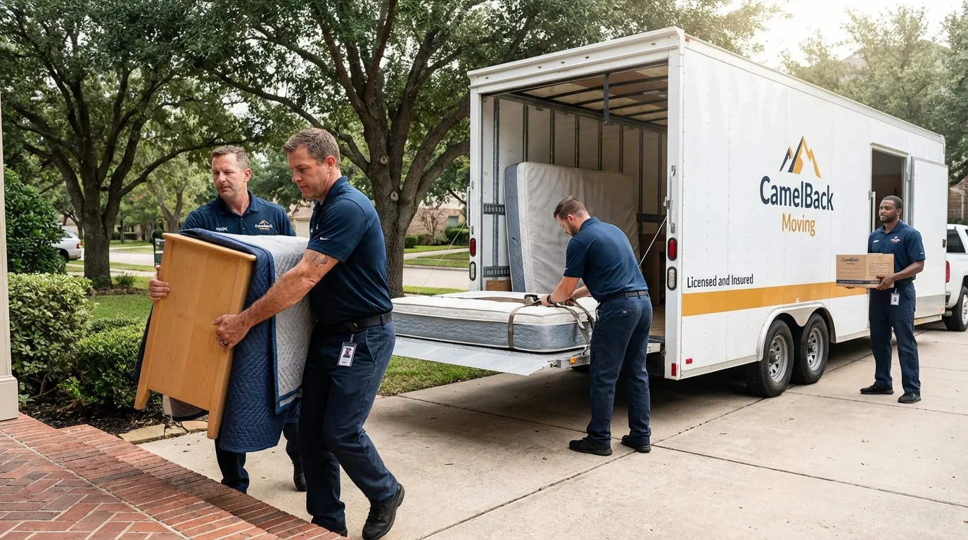 Crew loading residential truck for cross-state move from West Helena, AR