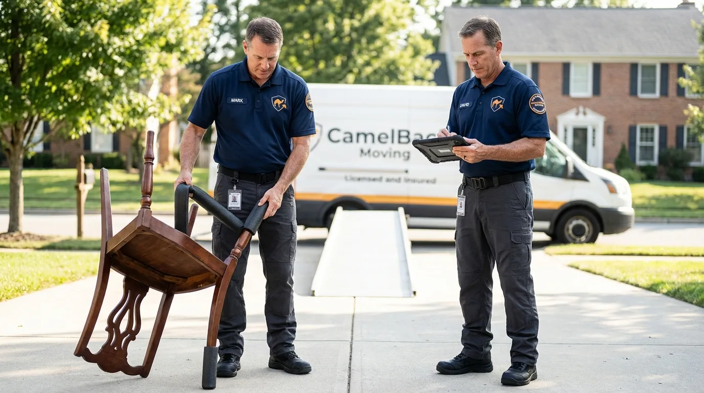 Movers inspecting furniture for damage prevention before loading in West Helena, AR