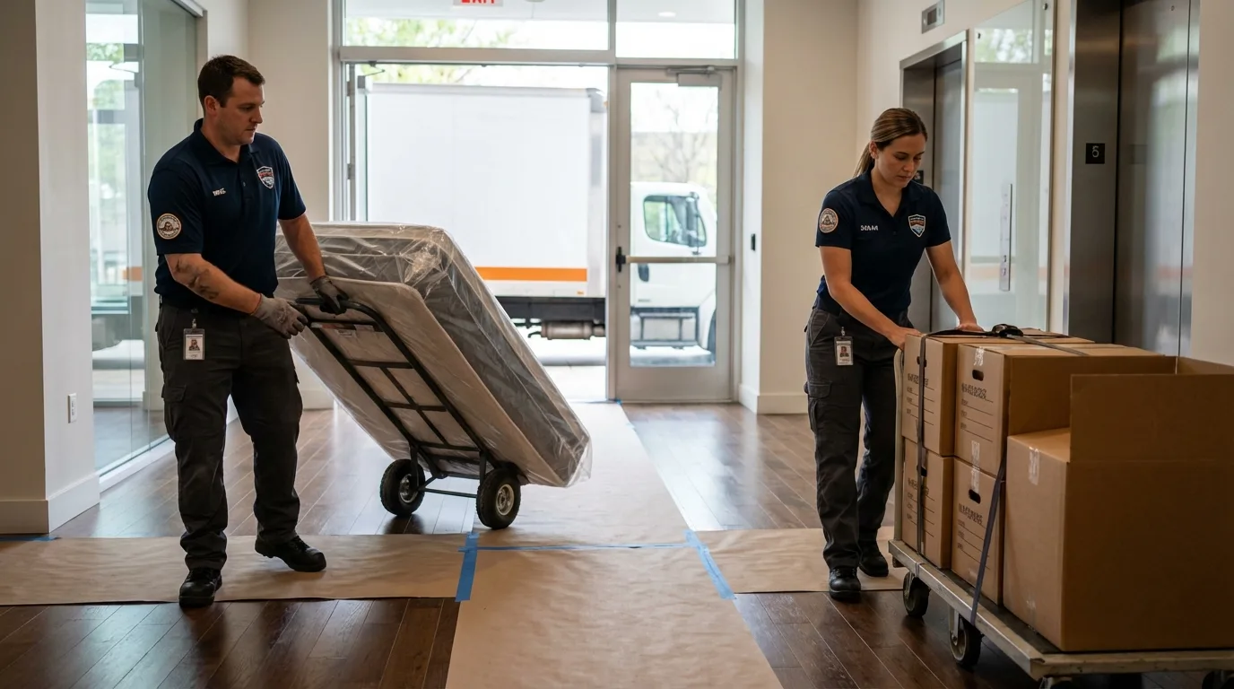 Professional apartment movers loading elevator in West Helena, AR