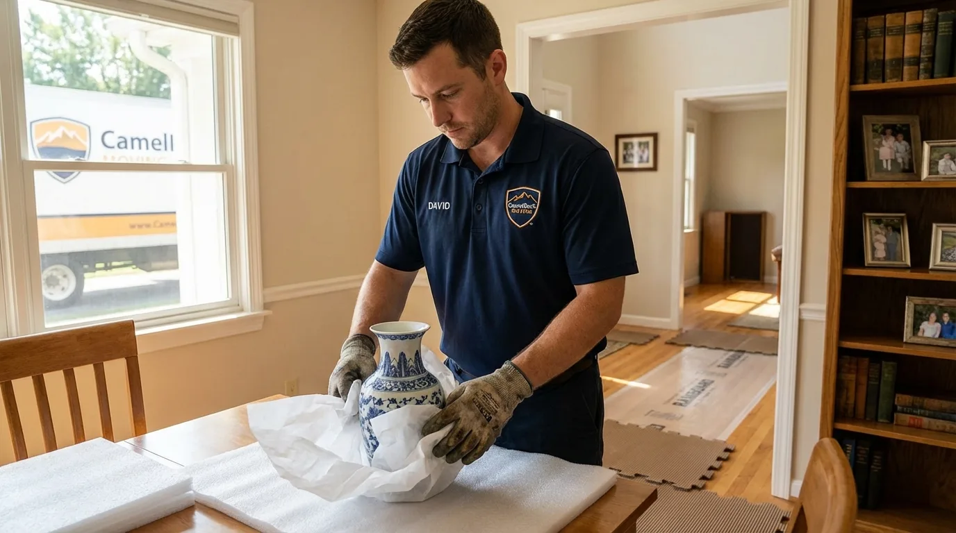 Professional crew carefully wrapping antique vase for senior downsizing move in West Helena, AR